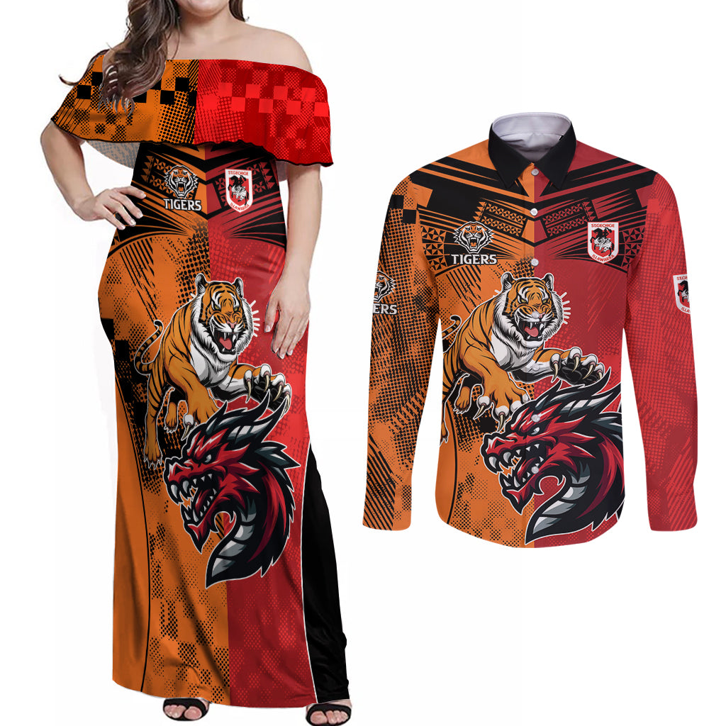 Custom Dragons and Tigers Couples Matching Off Shoulder Maxi Dress and Long Sleeve Button Shirt Rugby Mascot With Sporty Style