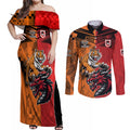 Custom Dragons and Tigers Couples Matching Off Shoulder Maxi Dress and Long Sleeve Button Shirt Rugby Mascot With Sporty Style