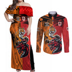 Custom Dragons and Tigers Couples Matching Off Shoulder Maxi Dress and Long Sleeve Button Shirt Rugby Mascot With Sporty Style