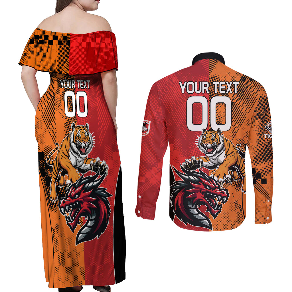 Custom Dragons and Tigers Couples Matching Off Shoulder Maxi Dress and Long Sleeve Button Shirt Rugby Mascot With Sporty Style