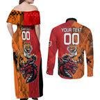Custom Dragons and Tigers Couples Matching Off Shoulder Maxi Dress and Long Sleeve Button Shirt Rugby Mascot With Sporty Style