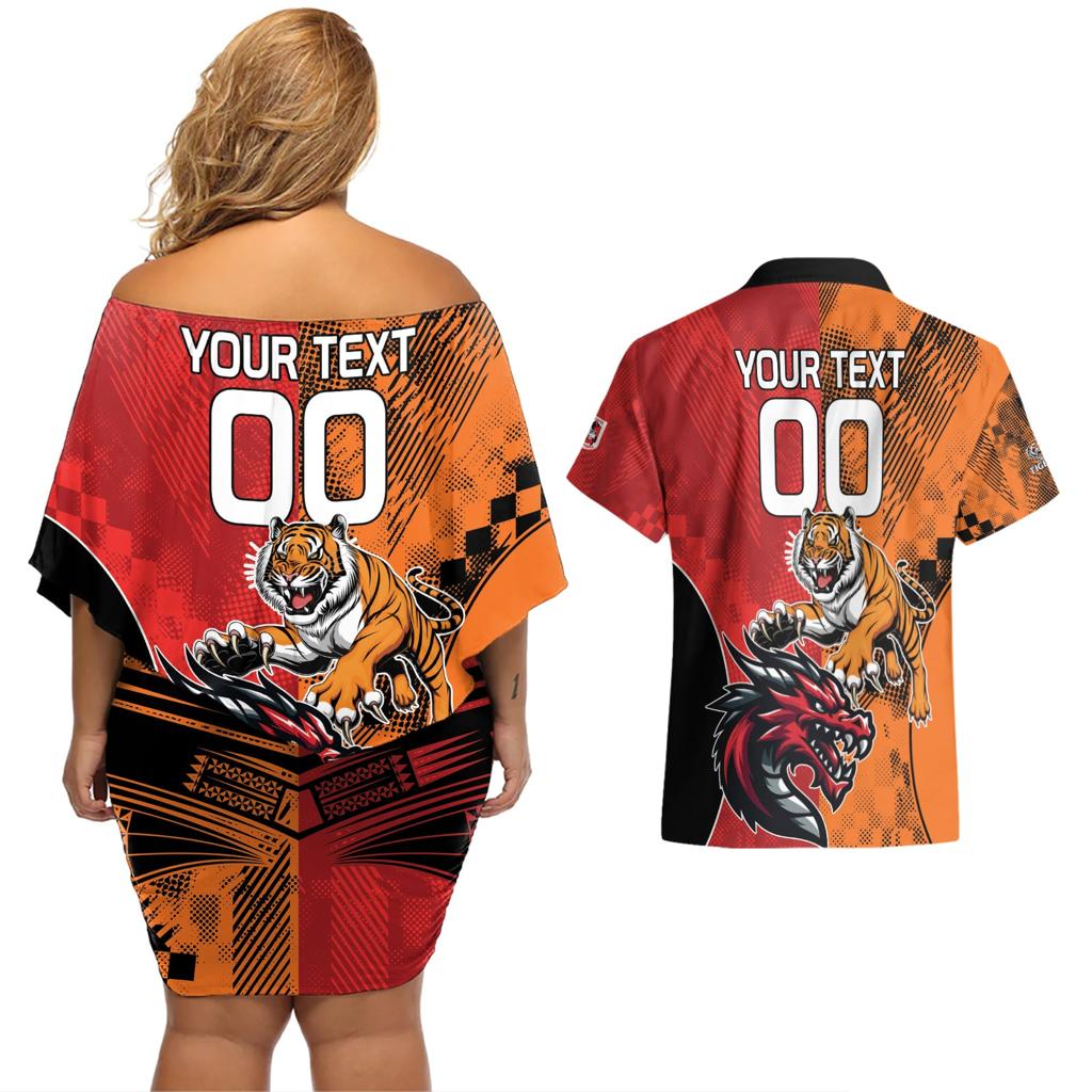 Custom Dragons and Tigers Couples Matching Off Shoulder Short Dress and Hawaiian Shirt Rugby Mascot With Sporty Style