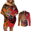Custom Dragons and Tigers Couples Matching Off Shoulder Short Dress and Long Sleeve Button Shirt Rugby Mascot With Sporty Style