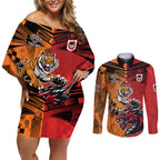 Custom Dragons and Tigers Couples Matching Off Shoulder Short Dress and Long Sleeve Button Shirt Rugby Mascot With Sporty Style