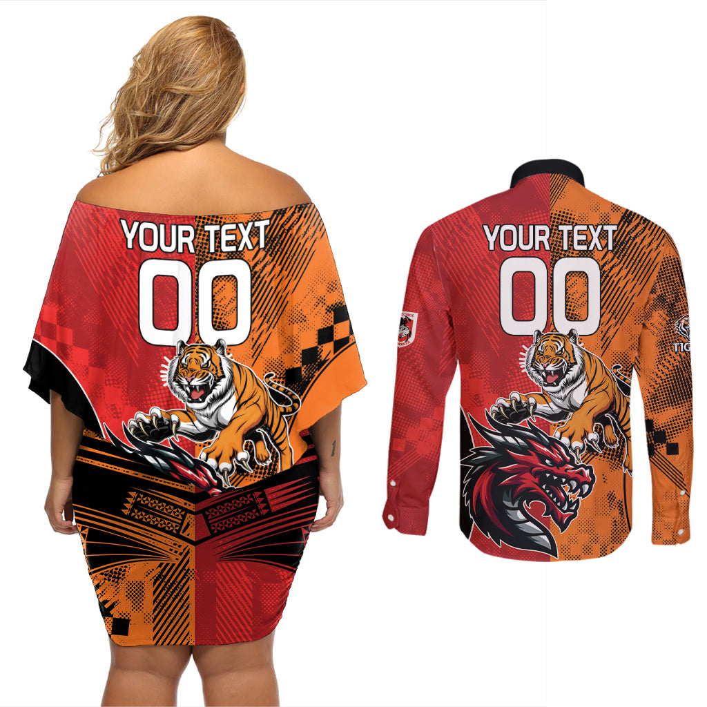 Custom Dragons and Tigers Couples Matching Off Shoulder Short Dress and Long Sleeve Button Shirt Rugby Mascot With Sporty Style