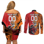 Custom Dragons and Tigers Couples Matching Off Shoulder Short Dress and Long Sleeve Button Shirt Rugby Mascot With Sporty Style