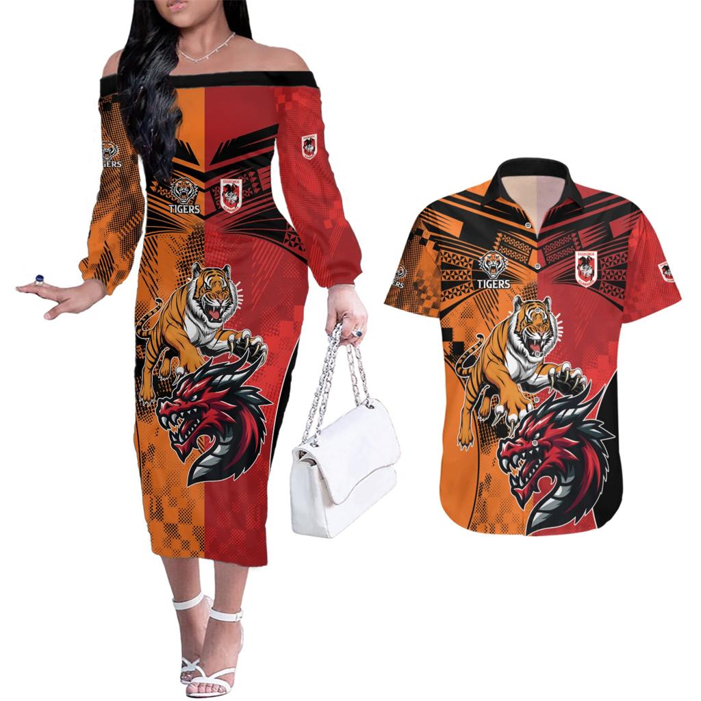 Custom Dragons and Tigers Couples Matching Off The Shoulder Long Sleeve Dress and Hawaiian Shirt Rugby Mascot With Sporty Style