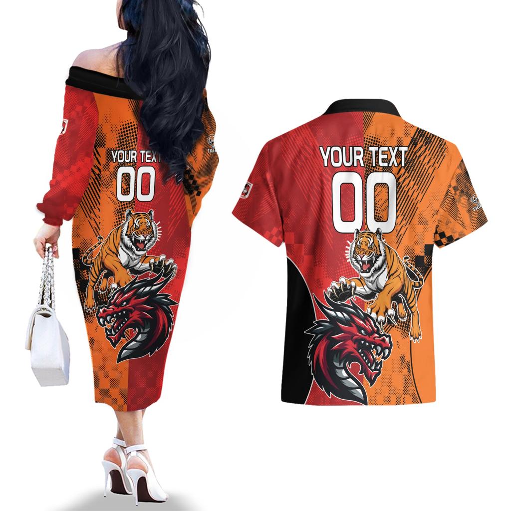 Custom Dragons and Tigers Couples Matching Off The Shoulder Long Sleeve Dress and Hawaiian Shirt Rugby Mascot With Sporty Style