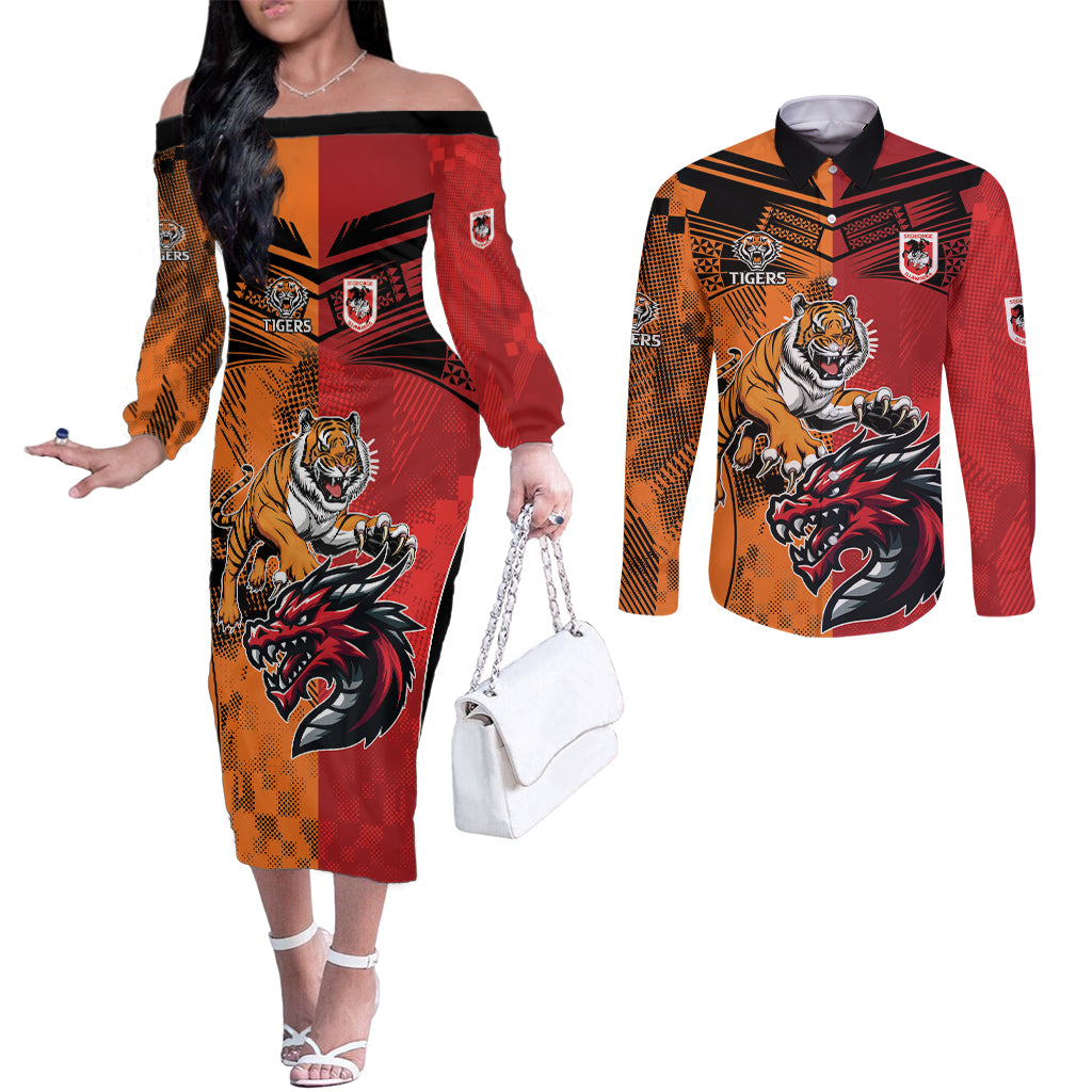 Custom Dragons and Tigers Couples Matching Off The Shoulder Long Sleeve Dress and Long Sleeve Button Shirt Rugby Mascot With Sporty Style