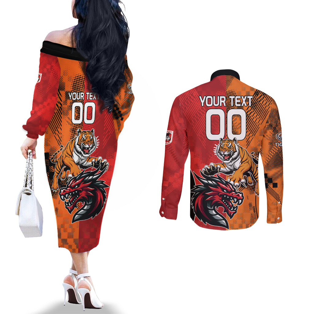 Custom Dragons and Tigers Couples Matching Off The Shoulder Long Sleeve Dress and Long Sleeve Button Shirt Rugby Mascot With Sporty Style