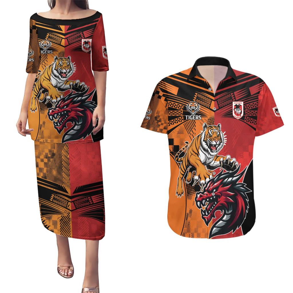 Custom Dragons and Tigers Couples Matching Puletasi and Hawaiian Shirt Rugby Mascot With Sporty Style