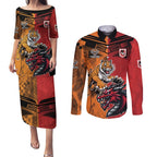 Custom Dragons and Tigers Couples Matching Puletasi and Long Sleeve Button Shirt Rugby Mascot With Sporty Style