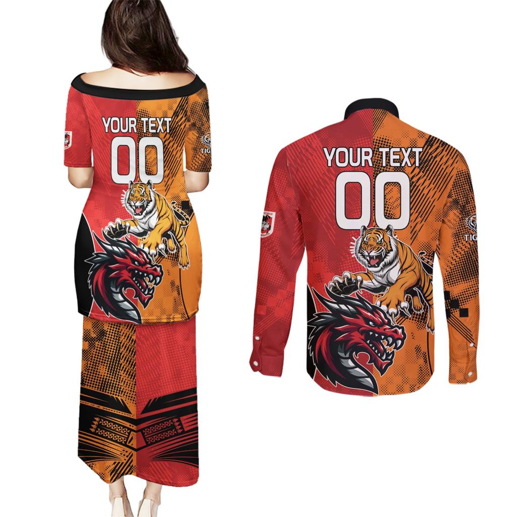Custom Dragons and Tigers Couples Matching Puletasi and Long Sleeve Button Shirt Rugby Mascot With Sporty Style