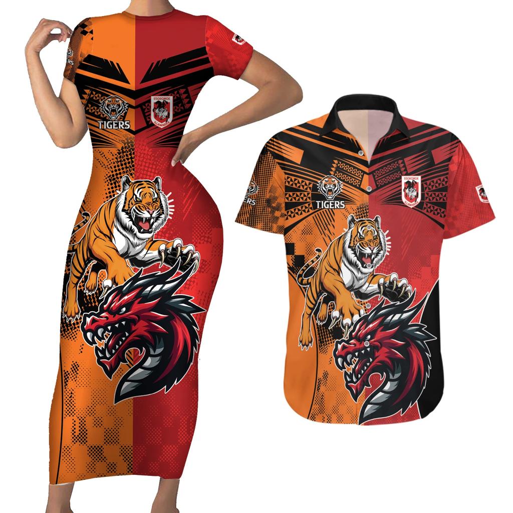 Custom Dragons and Tigers Couples Matching Short Sleeve Bodycon Dress and Hawaiian Shirt Rugby Mascot With Sporty Style