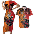 Custom Dragons and Tigers Couples Matching Short Sleeve Bodycon Dress and Hawaiian Shirt Rugby Mascot With Sporty Style