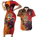 Custom Dragons and Tigers Couples Matching Short Sleeve Bodycon Dress and Hawaiian Shirt Rugby Mascot With Sporty Style