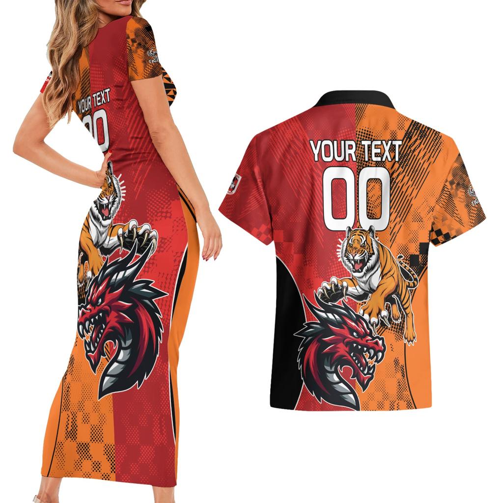 Custom Dragons and Tigers Couples Matching Short Sleeve Bodycon Dress and Hawaiian Shirt Rugby Mascot With Sporty Style
