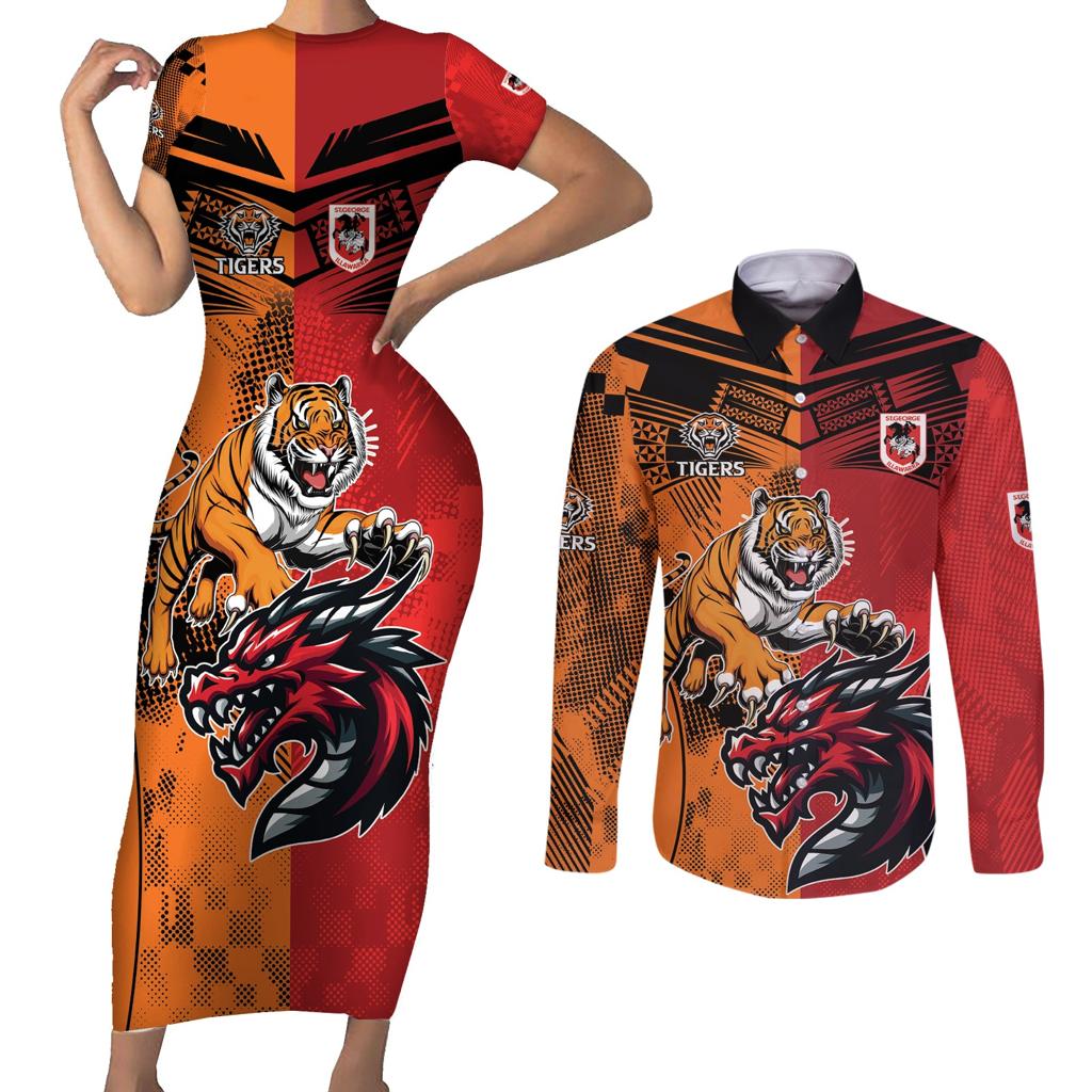 Custom Dragons and Tigers Couples Matching Short Sleeve Bodycon Dress and Long Sleeve Button Shirt Rugby Mascot With Sporty Style