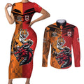 Custom Dragons and Tigers Couples Matching Short Sleeve Bodycon Dress and Long Sleeve Button Shirt Rugby Mascot With Sporty Style
