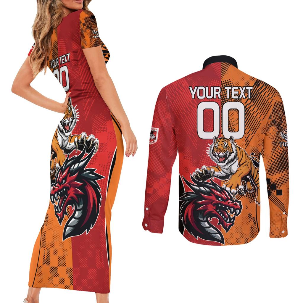 Custom Dragons and Tigers Couples Matching Short Sleeve Bodycon Dress and Long Sleeve Button Shirt Rugby Mascot With Sporty Style