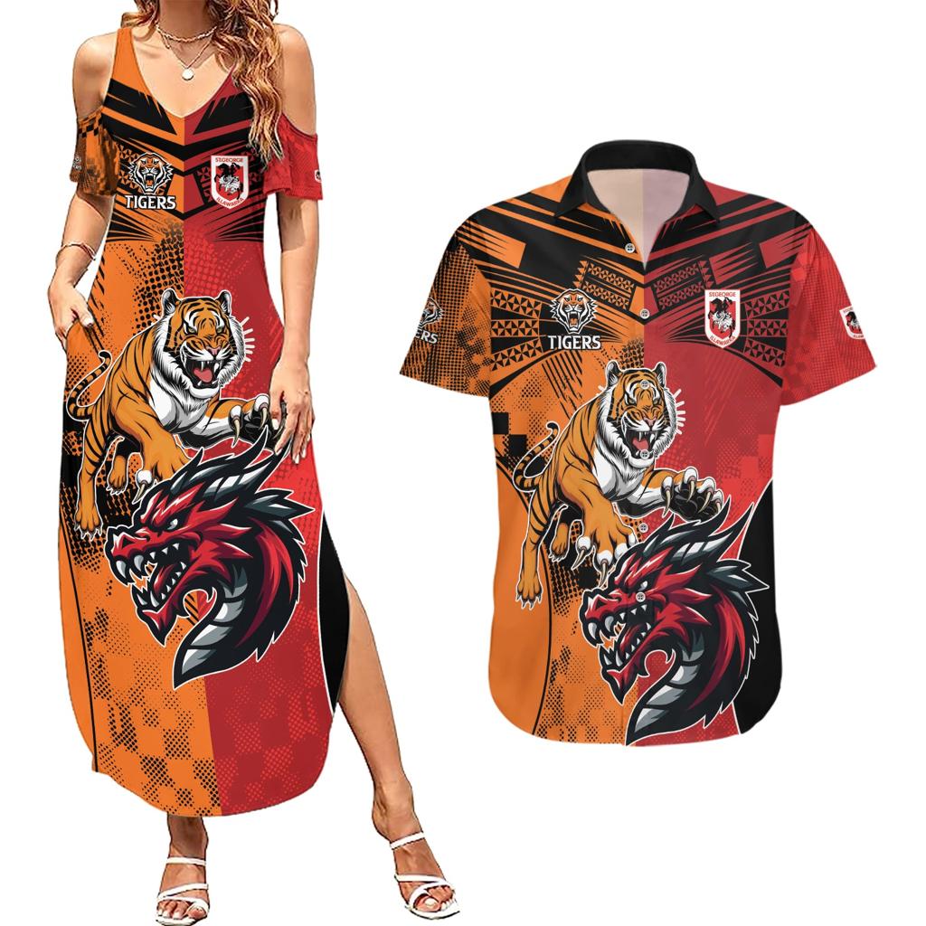Custom Dragons and Tigers Couples Matching Summer Maxi Dress and Hawaiian Shirt Rugby Mascot With Sporty Style