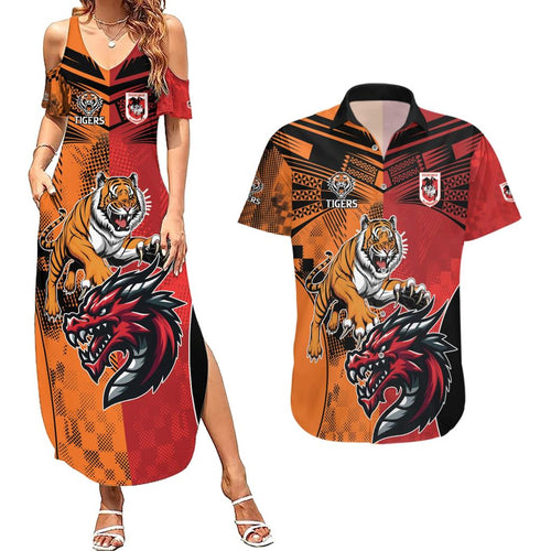 Custom Dragons and Tigers Couples Matching Summer Maxi Dress and Hawaiian Shirt Rugby Mascot With Sporty Style