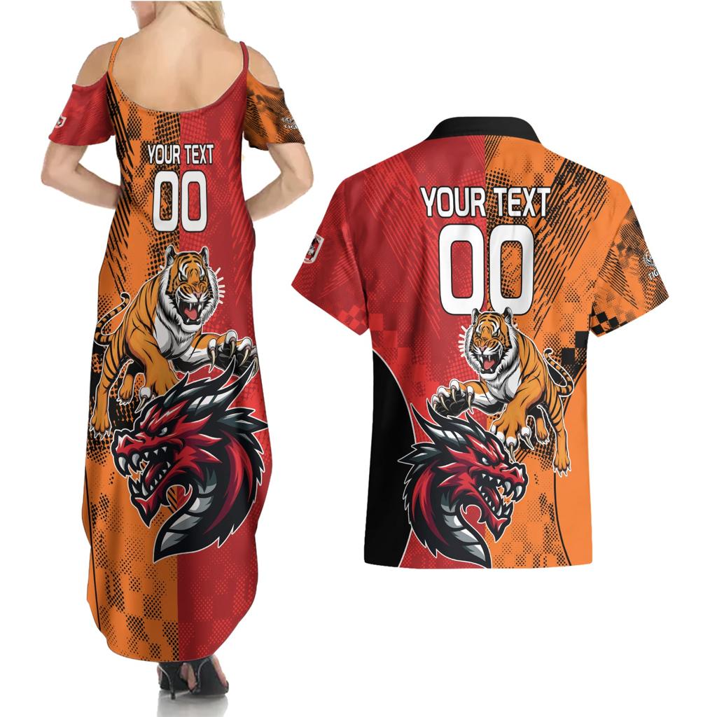 Custom Dragons and Tigers Couples Matching Summer Maxi Dress and Hawaiian Shirt Rugby Mascot With Sporty Style