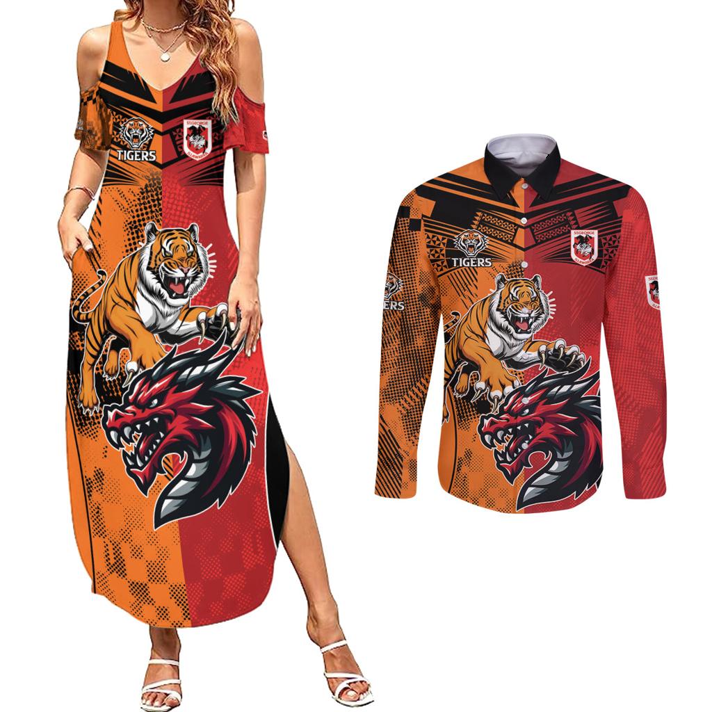 Custom Dragons and Tigers Couples Matching Summer Maxi Dress and Long Sleeve Button Shirt Rugby Mascot With Sporty Style