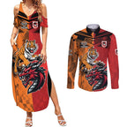 Custom Dragons and Tigers Couples Matching Summer Maxi Dress and Long Sleeve Button Shirt Rugby Mascot With Sporty Style