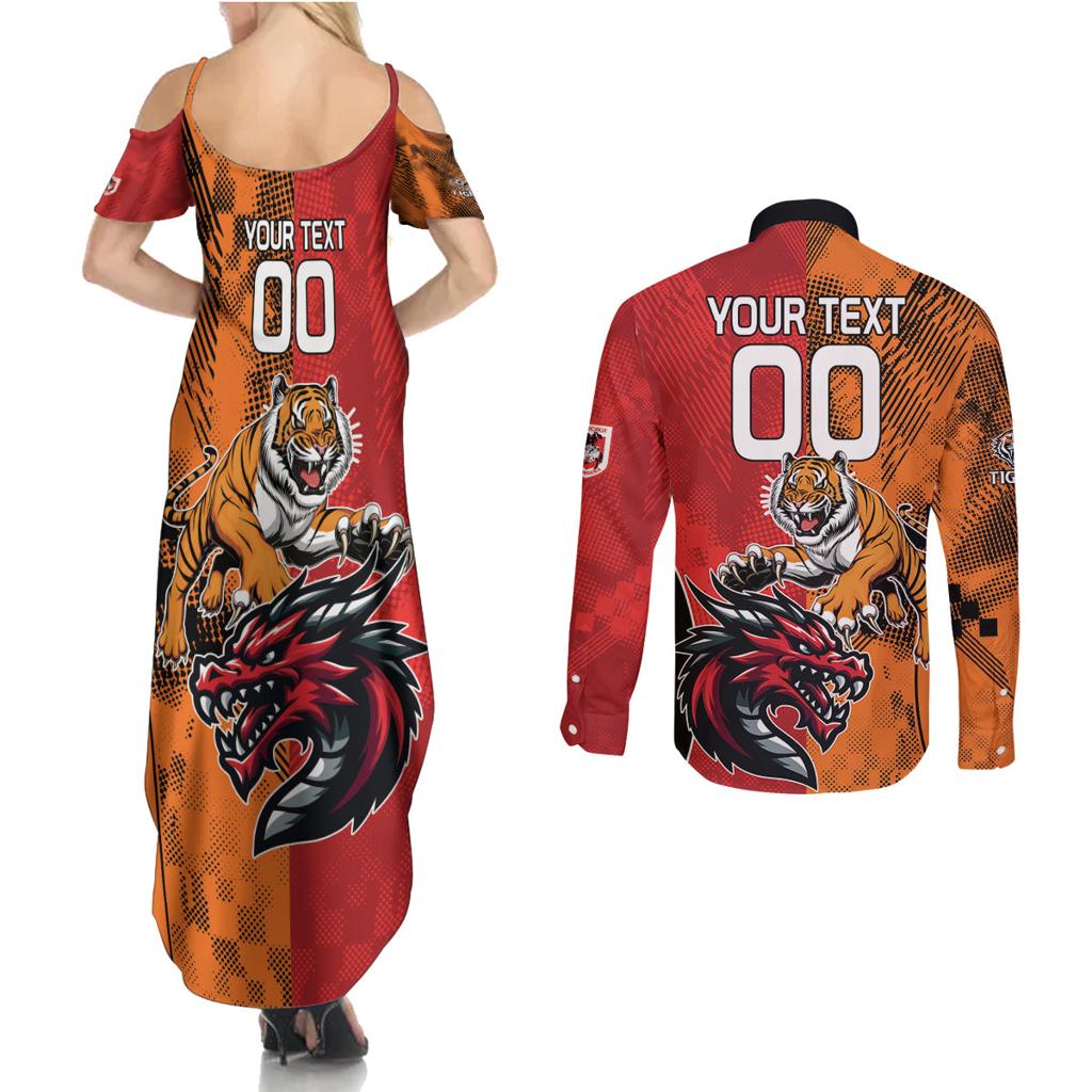Custom Dragons and Tigers Couples Matching Summer Maxi Dress and Long Sleeve Button Shirt Rugby Mascot With Sporty Style