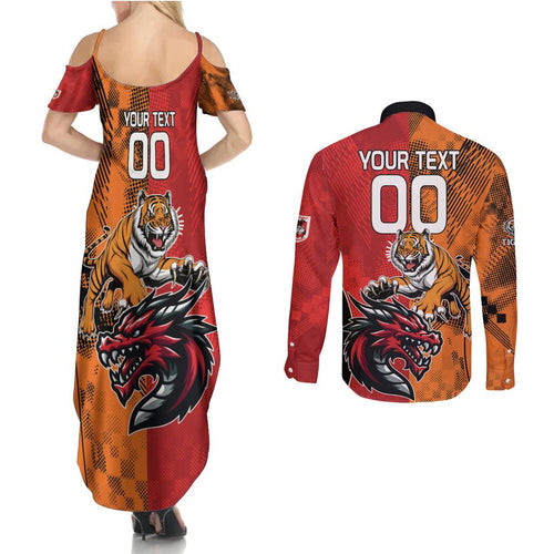 Custom Dragons and Tigers Couples Matching Summer Maxi Dress and Long Sleeve Button Shirt Rugby Mascot With Sporty Style