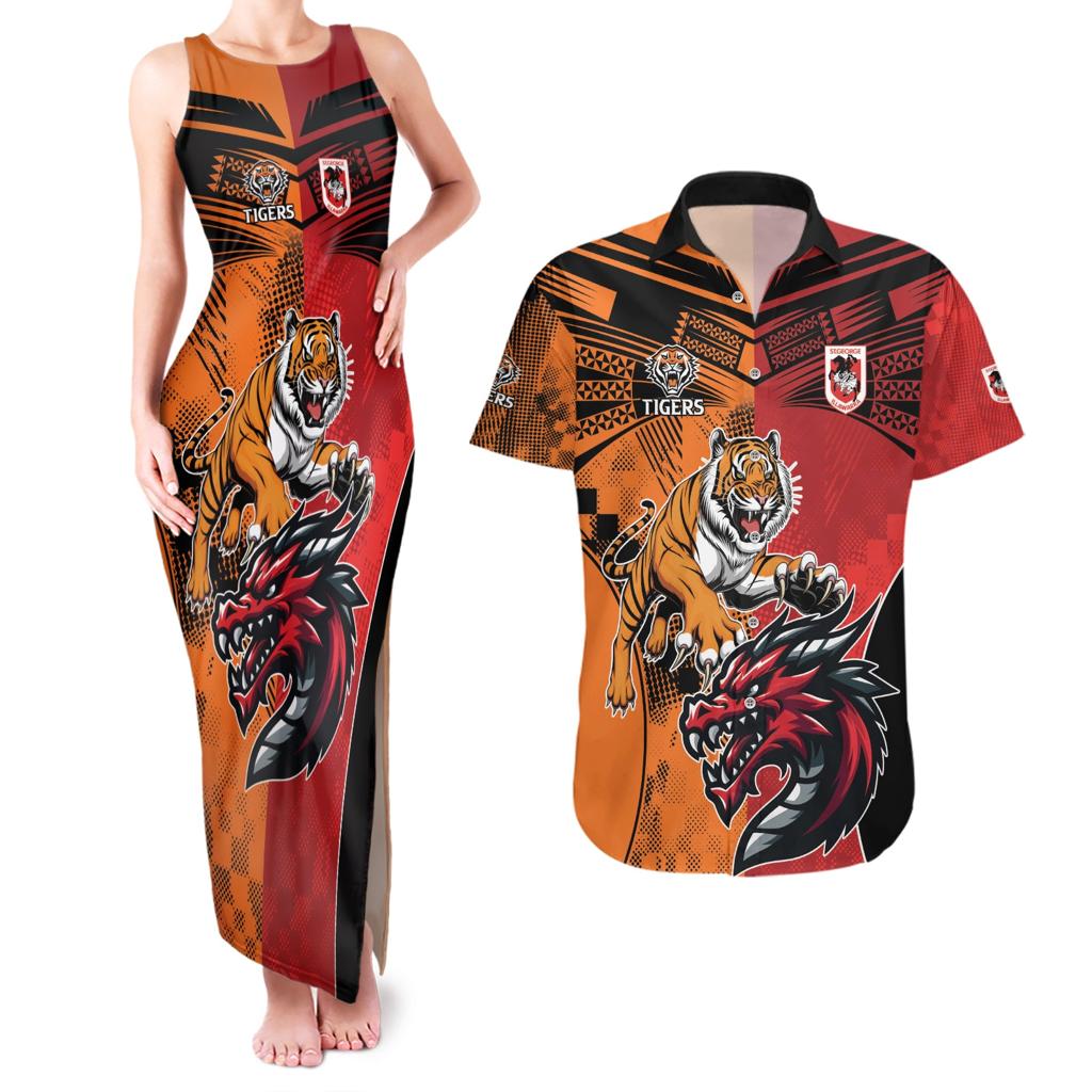Custom Dragons and Tigers Couples Matching Tank Maxi Dress and Hawaiian Shirt Rugby Mascot With Sporty Style