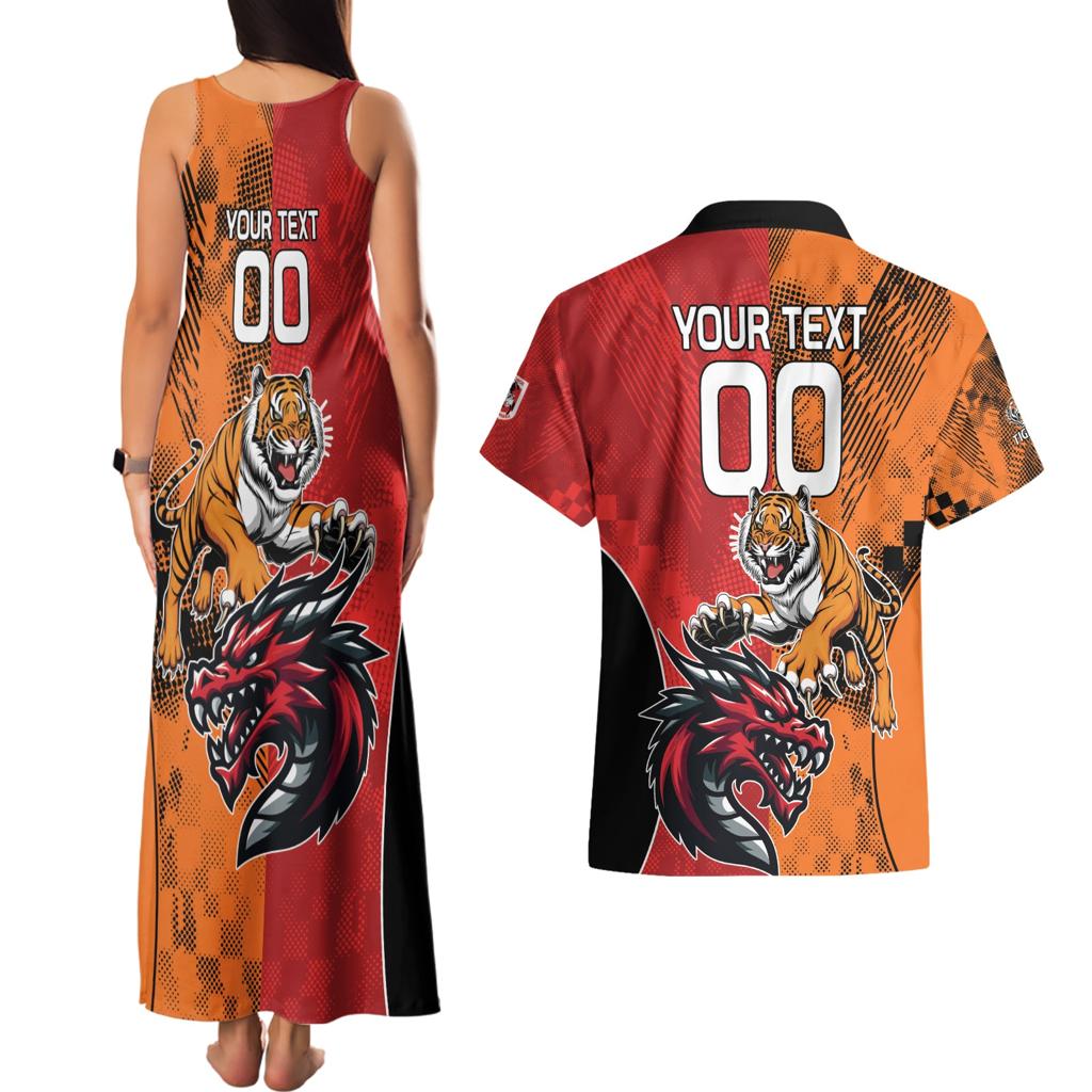 Custom Dragons and Tigers Couples Matching Tank Maxi Dress and Hawaiian Shirt Rugby Mascot With Sporty Style