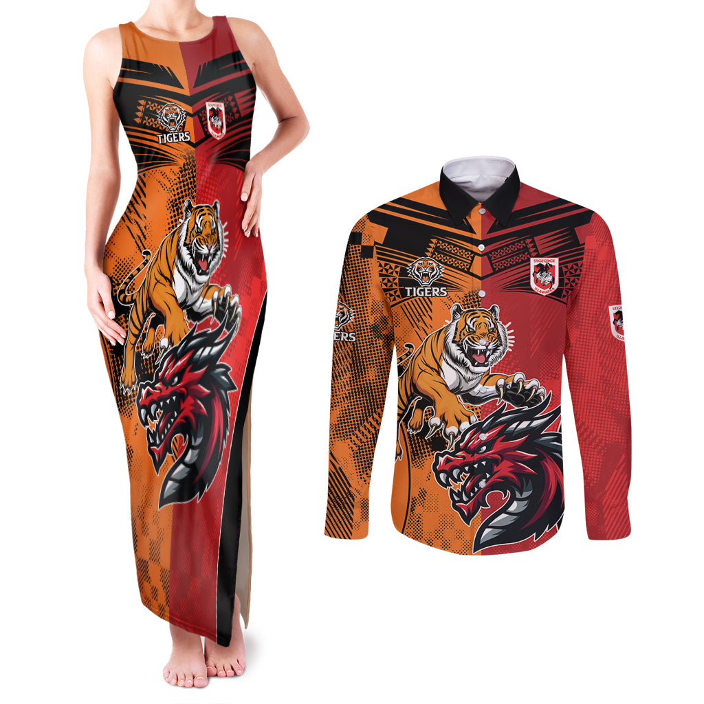 Custom Dragons and Tigers Couples Matching Tank Maxi Dress and Long Sleeve Button Shirt Rugby Mascot With Sporty Style