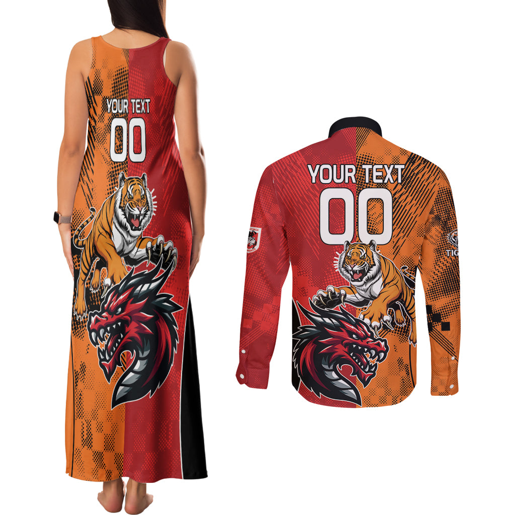 Custom Dragons and Tigers Couples Matching Tank Maxi Dress and Long Sleeve Button Shirt Rugby Mascot With Sporty Style