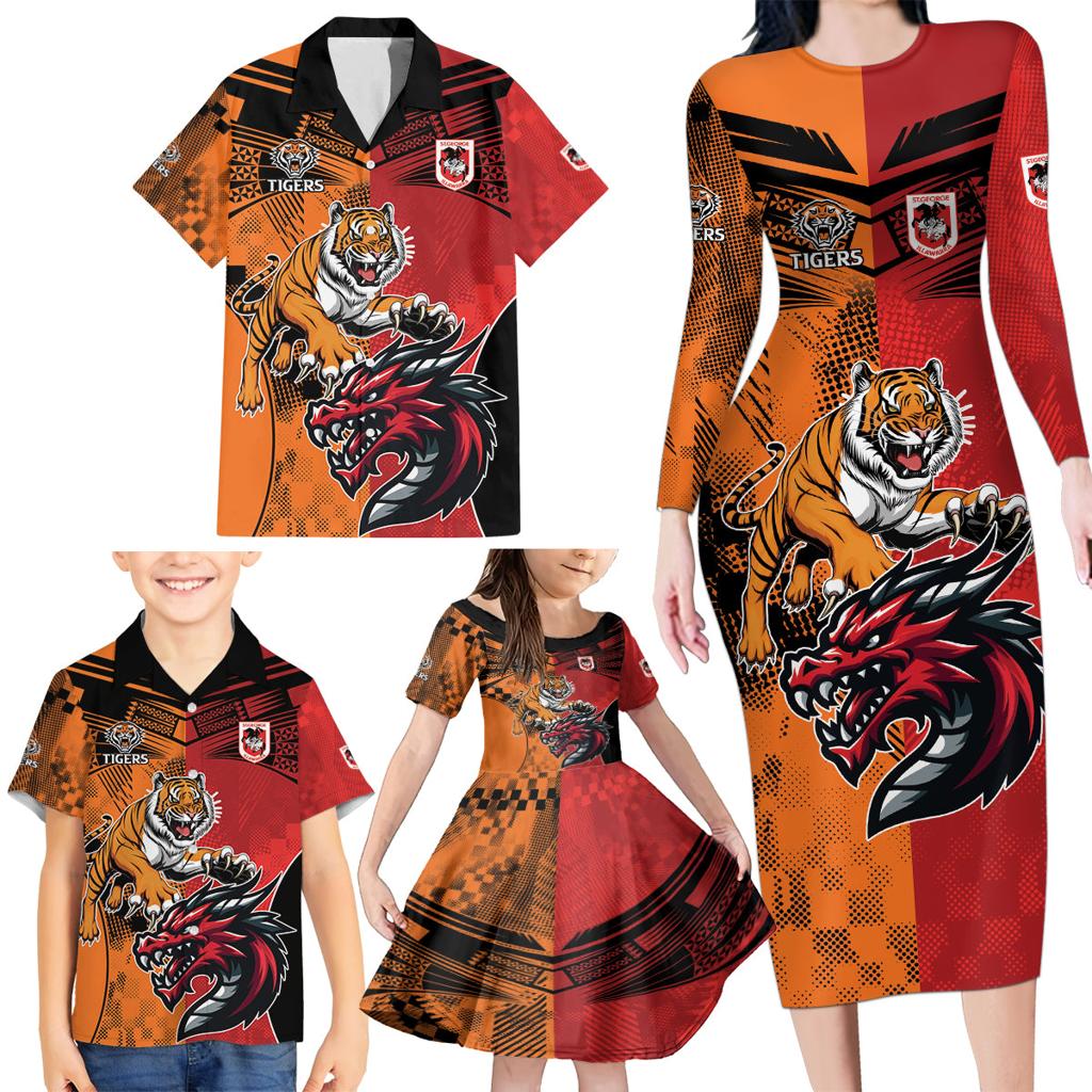Custom Dragons and Tigers Family Matching Long Sleeve Bodycon Dress and Hawaiian Shirt Rugby Mascot With Sporty Style