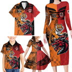 Custom Dragons and Tigers Family Matching Long Sleeve Bodycon Dress and Hawaiian Shirt Rugby Mascot With Sporty Style