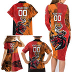 Custom Dragons and Tigers Family Matching Long Sleeve Bodycon Dress and Hawaiian Shirt Rugby Mascot With Sporty Style