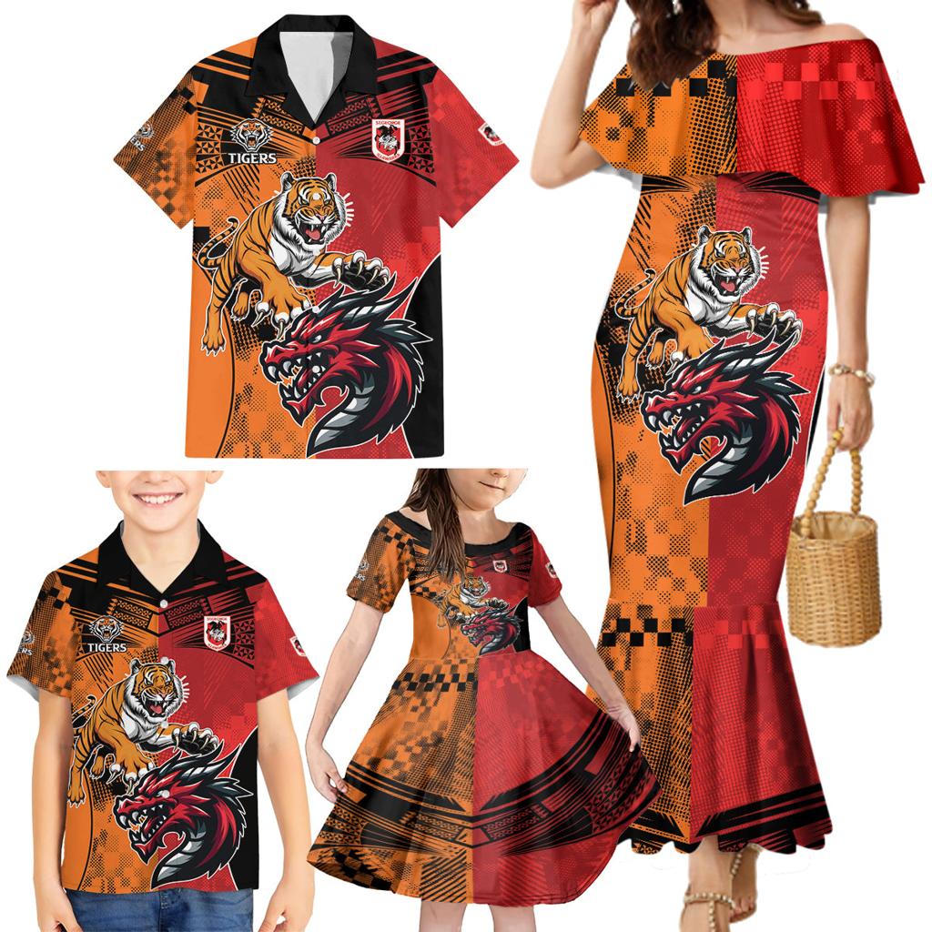 Custom Dragons and Tigers Family Matching Mermaid Dress and Hawaiian Shirt Rugby Mascot With Sporty Style