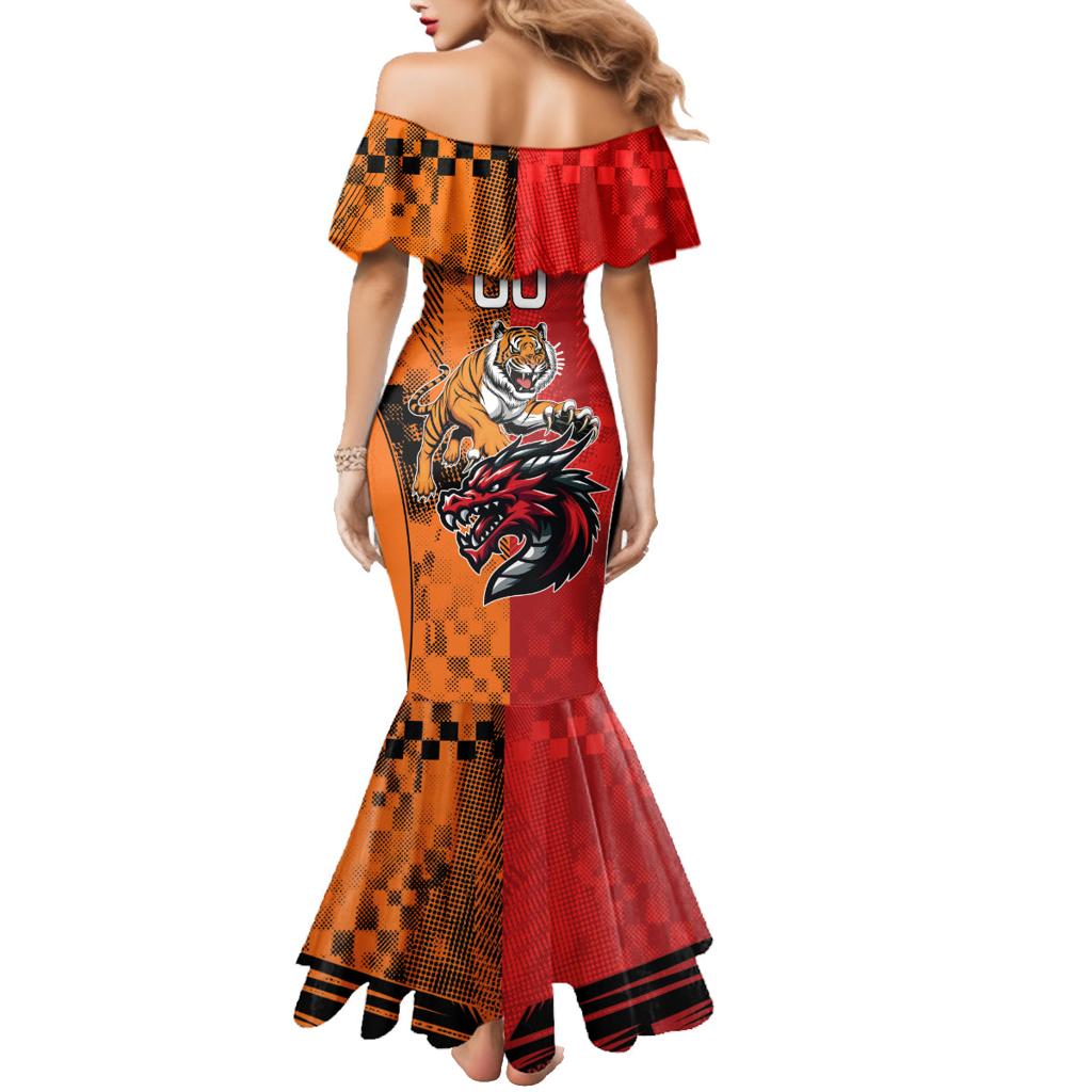 Custom Dragons and Tigers Family Matching Mermaid Dress and Hawaiian Shirt Rugby Mascot With Sporty Style