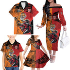 Custom Dragons and Tigers Family Matching Off The Shoulder Long Sleeve Dress and Hawaiian Shirt Rugby Mascot With Sporty Style