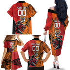 Custom Dragons and Tigers Family Matching Off The Shoulder Long Sleeve Dress and Hawaiian Shirt Rugby Mascot With Sporty Style