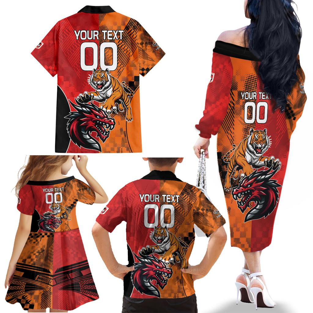 Custom Dragons and Tigers Family Matching Off The Shoulder Long Sleeve Dress and Hawaiian Shirt Rugby Mascot With Sporty Style