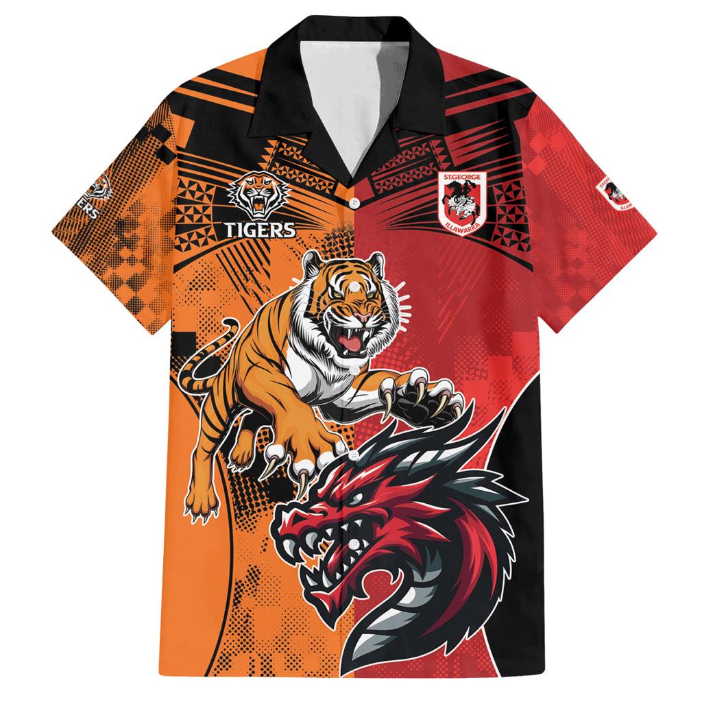 Custom Dragons and Tigers Family Matching Off The Shoulder Long Sleeve Dress and Hawaiian Shirt Rugby Mascot With Sporty Style