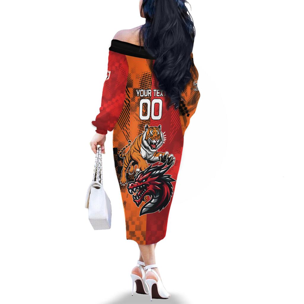 Custom Dragons and Tigers Family Matching Off The Shoulder Long Sleeve Dress and Hawaiian Shirt Rugby Mascot With Sporty Style