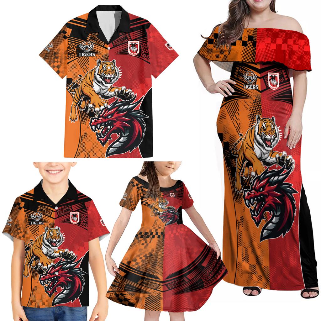 Custom Dragons and Tigers Family Matching Off Shoulder Maxi Dress and Hawaiian Shirt Rugby Mascot With Sporty Style