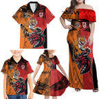 Custom Dragons and Tigers Family Matching Off Shoulder Maxi Dress and Hawaiian Shirt Rugby Mascot With Sporty Style