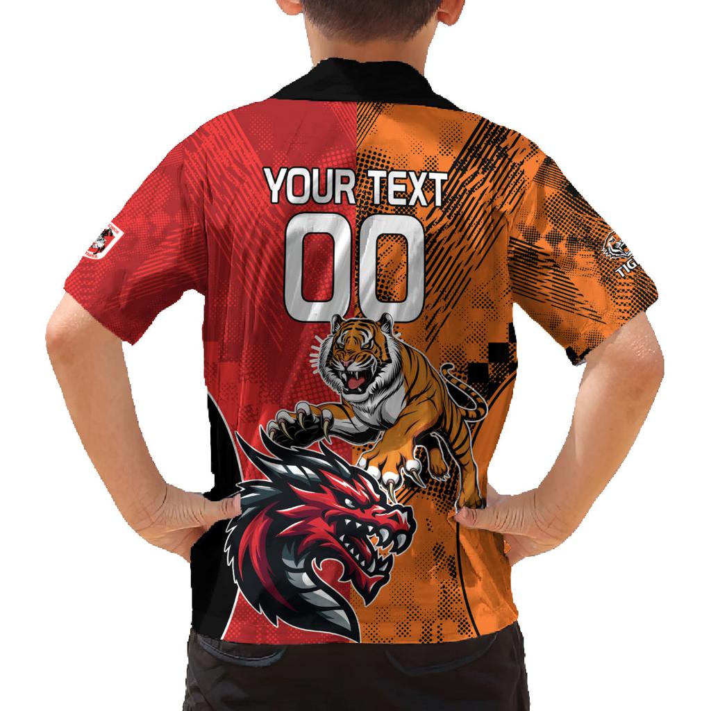 Custom Dragons and Tigers Family Matching Off Shoulder Maxi Dress and Hawaiian Shirt Rugby Mascot With Sporty Style