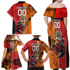 Custom Dragons and Tigers Family Matching Off Shoulder Maxi Dress and Hawaiian Shirt Rugby Mascot With Sporty Style