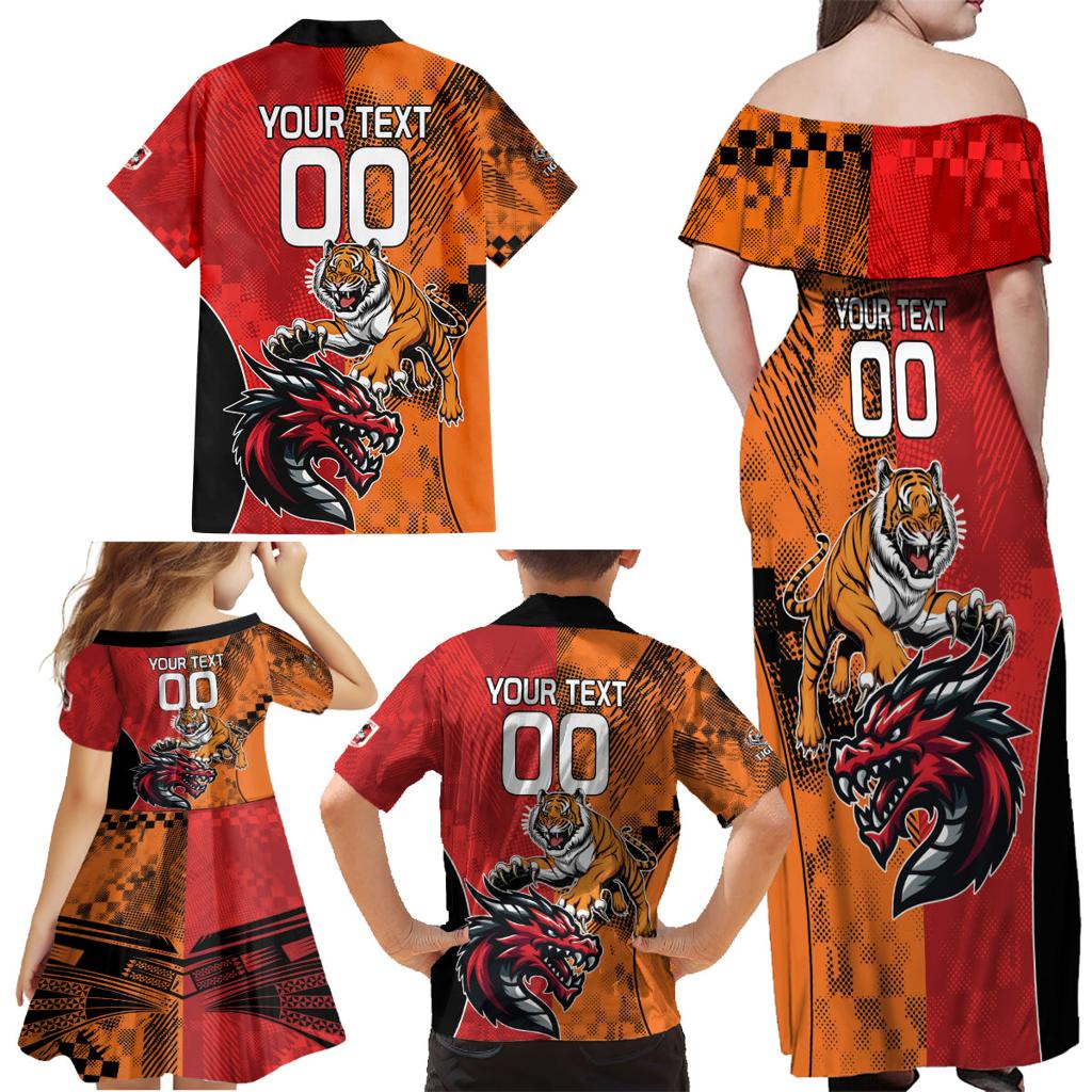 Custom Dragons and Tigers Family Matching Off Shoulder Maxi Dress and Hawaiian Shirt Rugby Mascot With Sporty Style